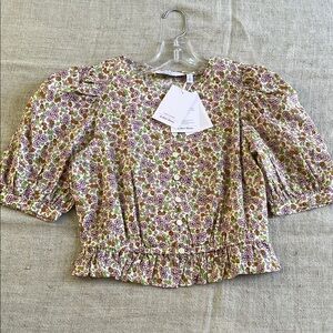 Floral Puff-Sleeve Crop Top - Pink & Green
